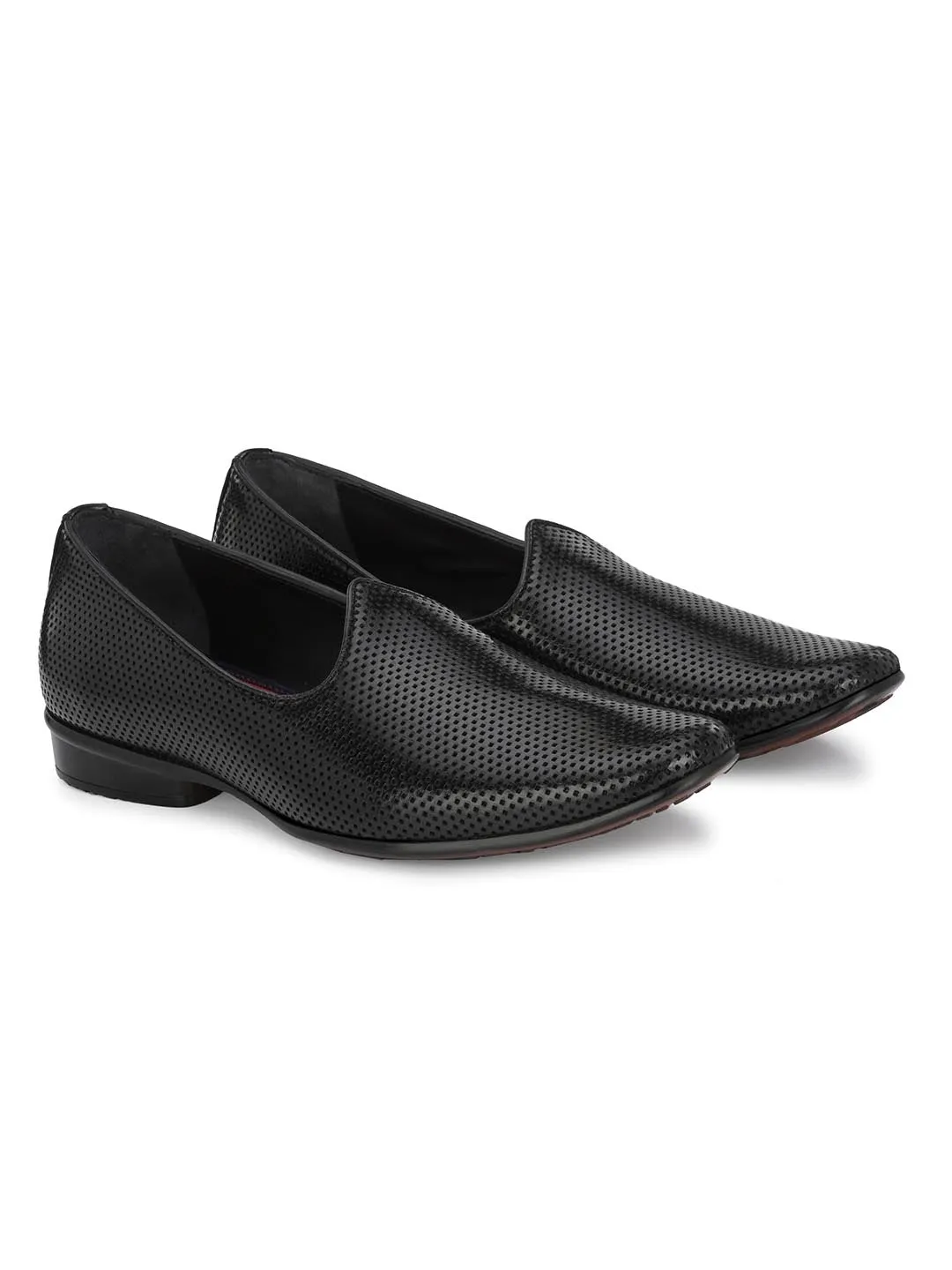 Hitz Men's Black Leather Slip-On Ethnic Shoes
