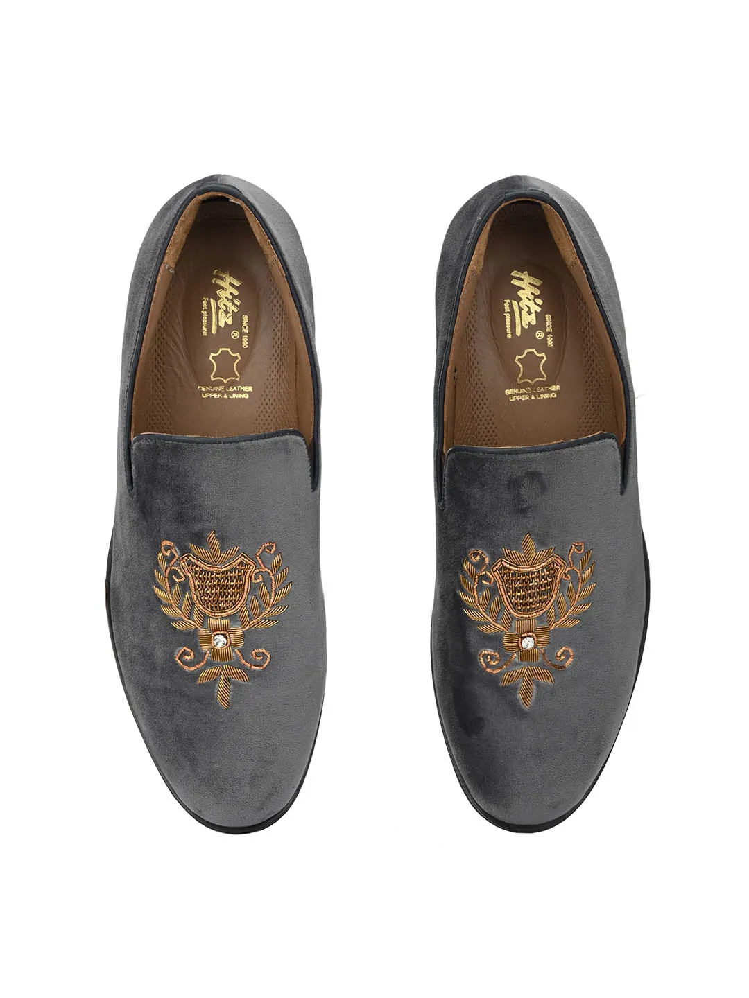 Hitz Men's Grey Slip-On Ethnic Embroidery Shoes