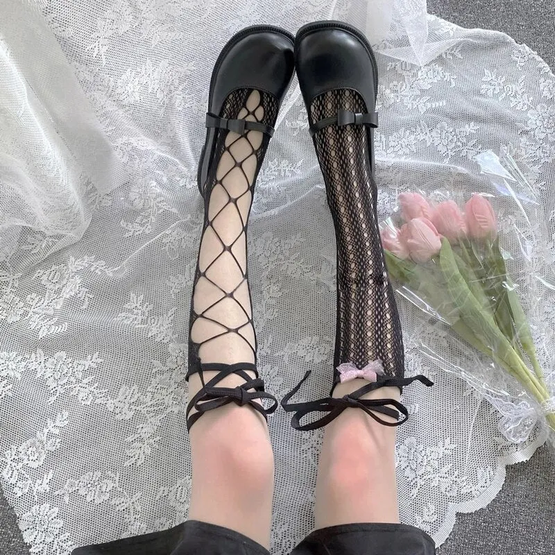 Lace Up Socks Black Or White You Choose Pointelle Lace Knee High Lolita Hoisiery Bohemian Knee Highs