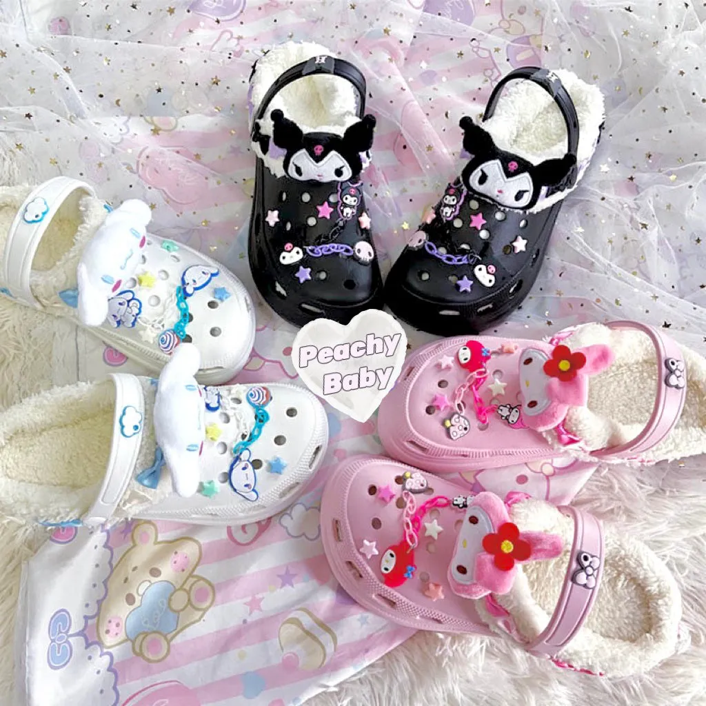 My Melody Cinnamoroll Kuromi Inspired Crocs Style Slingback Shoes with fur lining